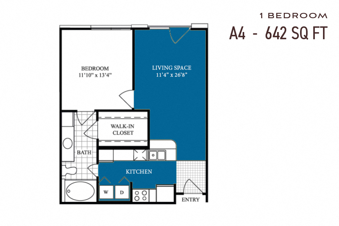Floor plan for 1 bed, 1 bath, 642 sqft